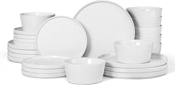 Herogo 24 Pieces Dinnerware Dishes Set for 8 Handmade Stoneware Dining Plates and Bowls Sets Double Reactive Glaze Microwave &amp Dishwasher Safe Scratch Resistant Pearl White
