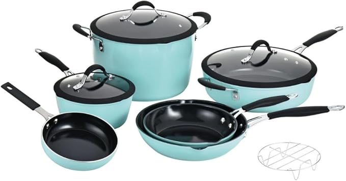 Alpine Cuisine 10-Piece Aluminum Forged Nonstick Cookware Set with Stainless Steel Handles Induction-Ready Pots &amp Pans Glass Lids Teal