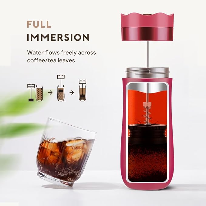 BENFUCHEN Travel Coffee Press Vacuum Insulated Portable French Press Stainless Steel Portable Coffee Maker/Tea Press 12oz Rose Red
