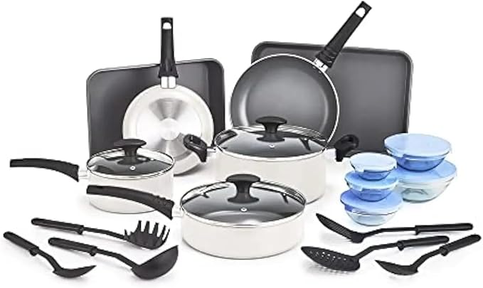 Nonstick Cookware Set with Glass Lids - Aluminum Bakeware Pots and Pans Storage Bowls &amp Utensils