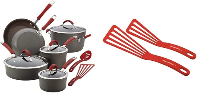 Rachael Ray - 87630 Rachael Ray Cucina Hard Anodized Nonstick Cookware Pots and Pans Set 12 Piece &amp KitchenTools and Gadgets Nylon Cooking Utensils / Spatula / Fish Turners - 2 Piece Red