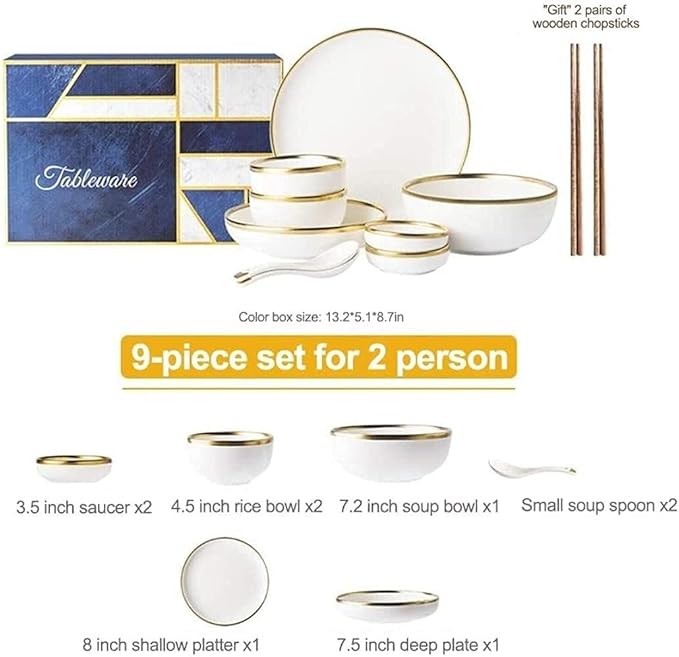 Dinnerware Sets - Luxury Gift Dishes Service Set Dinnerware Sets Service for 2/4/6 Kitchen Plates and Bowls Sets White Luxury Bone China Tableware Nordic Gold Porcelain Dish Set(9Pcs)