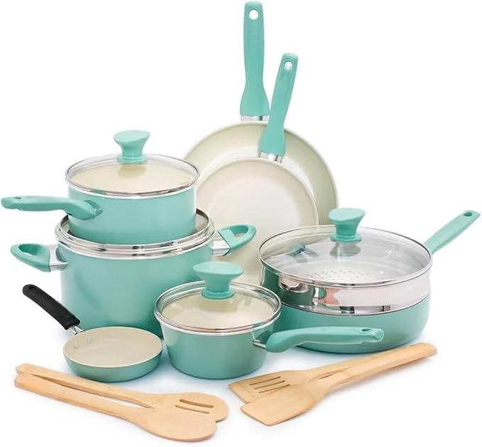 Healthy Ceramic Nonstick 16 Piece Cookware Pots and Pans Set PFAS-Free Dishwasher Safe Turquoise