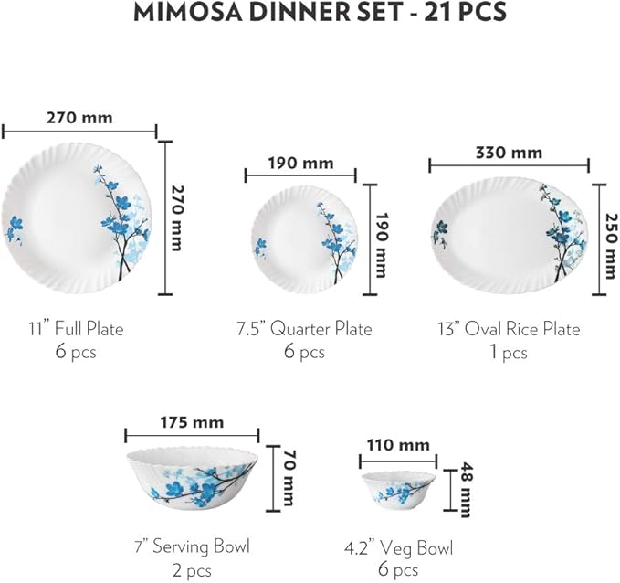 Larah By Borosil Mimosa Opalware Dinner Set 21-Pieces White