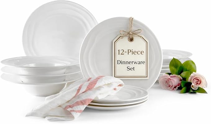 Pots &amp Patterns Natural Waves Premium Bone China Dinnerware Sets Service for 4 (12-Piece) White Plates and Bowls Sets Chip-Resistant Fine Porcelain Dinnerware - Wedding Registry Gift