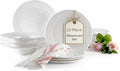 Pots &amp Patterns Natural Waves Premium Bone China Dinnerware Sets Service for 4 (12-Piece) White Plates and Bowls Sets Chip-Resistant Fine Porcelain Dinnerware - Wedding Registry Gift