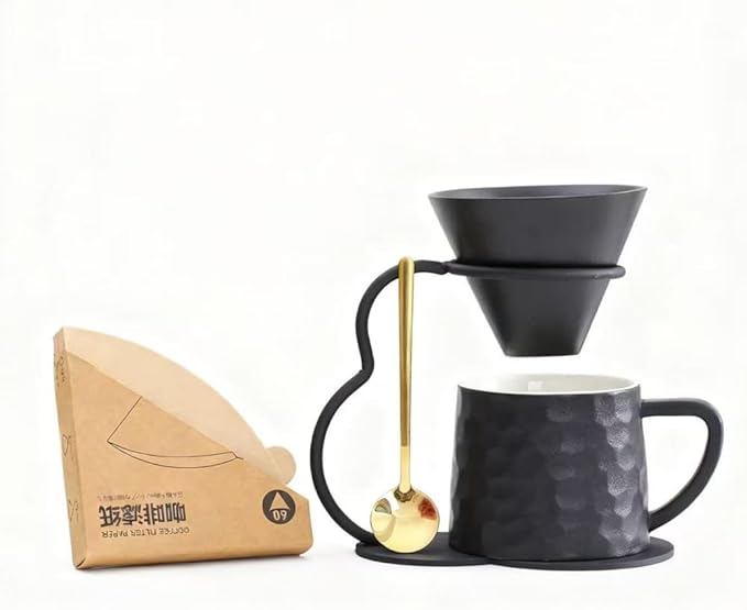 Pour Over Coffee Maker setCeramic Coffee Maker With V60 40 pcs Paper FilterMetal Stand 9oz 270ml mug Pour Over Coffee Dripper black