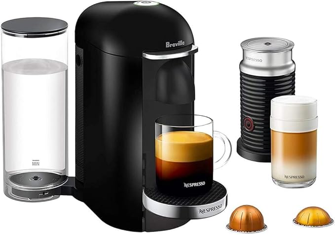 Nespresso Vertuo Plus Deluxe Coffee and Espresso Maker by Breville Piano Black with Aeroccino Milk Frother Descaling Kit