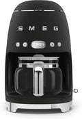 Smeg 50's Retro Style Aesthetic Drip Coffee Machine with 10 Cup Glass Carafe Auto Start Feature Keep Warm Plate and Two Coffee Strength Settings (Matte Black)