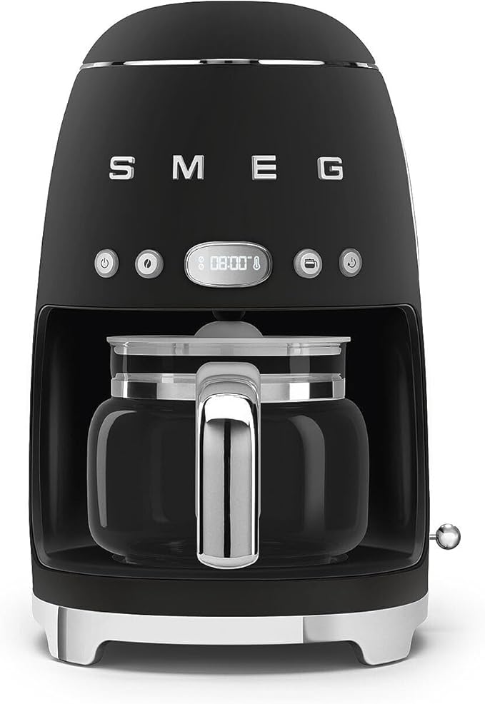 Smeg 50's Retro Style Aesthetic Drip Coffee Machine with 10 Cup Glass Carafe Auto Start Feature Keep Warm Plate and Two Coffee Strength Settings (Matte Black)