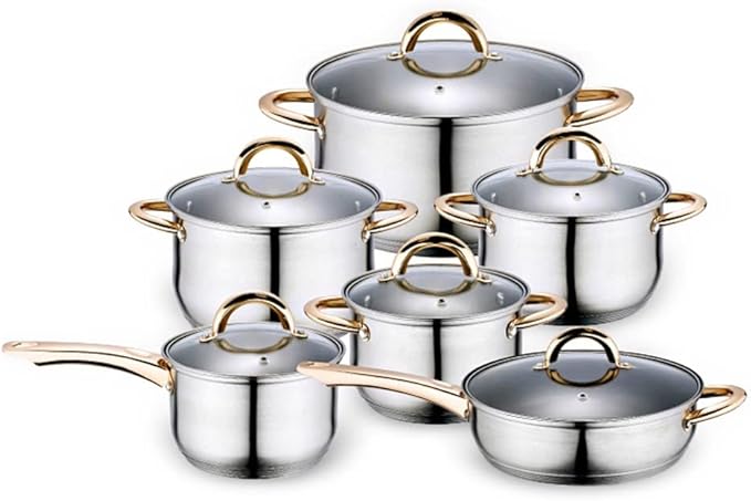 Cooking Pot Frying PanCooking Tools 12 Piece Set Stainless Steel Cookware Set Kitchen Cookware Set Pots Pots &amp Pans Glass Lid (A