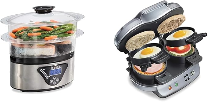 Hamilton Beach Digital Electric Food Steamer &amp Rice Cooker for Quick Healthy Cooking for Vegetables and Seafood &amp Dual Breakfast Sandwich Maker with Timer Silver (25490A)