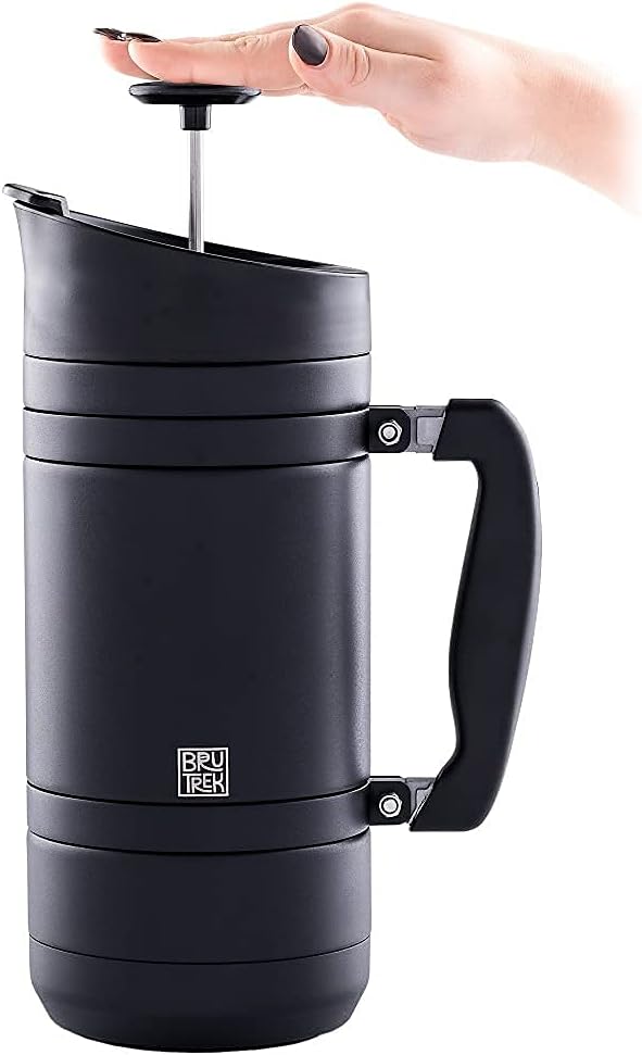 BruTrek® by Planetary Design BaseCamp Coffee Press - Double Wall Insulated Stainless Steel - Bru-Stop Technology No Grounds in Coffee No Spill Lid (Obsidian 48 fl.oz)