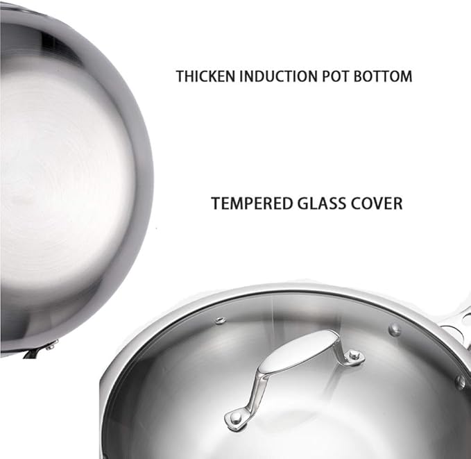 2-Pie cookware Set Stainless Steel Wok Saupan with Tempered Glass lid Comfortable Handle Suitable for Gas Induction Cooker Easy to Clean Large pan