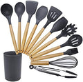 Kn082 11 in 1 Wooden Handle Silicone Kitchen Tool Set with Storage Bucket(Black) Cookware Set Cookware Picnic Boiler Cookware (Color : Black)