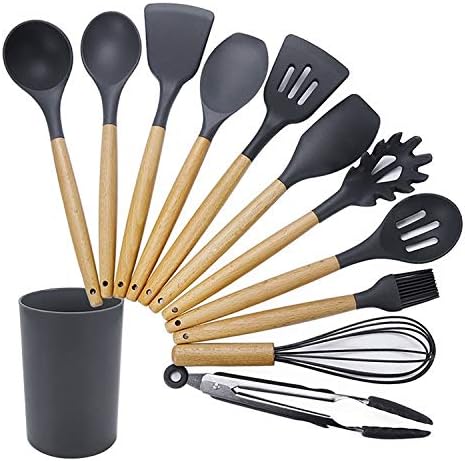 Kn082 11 in 1 Wooden Handle Silicone Kitchen Tool Set with Storage Bucket(Black) Cookware Set Cookware Picnic Boiler Cookware (Color : Black)