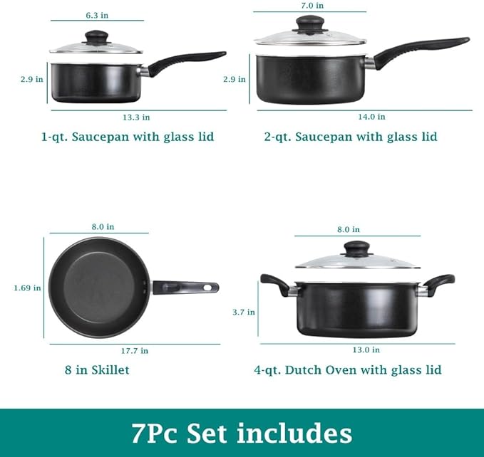 7-piece Non-stick Cooking Set with Covered Aluminum Cookware Complete Set of Pots Pans and Bowls Non-toxic and Healthy Safe for The Oven Heated By Induction Stove Black Set