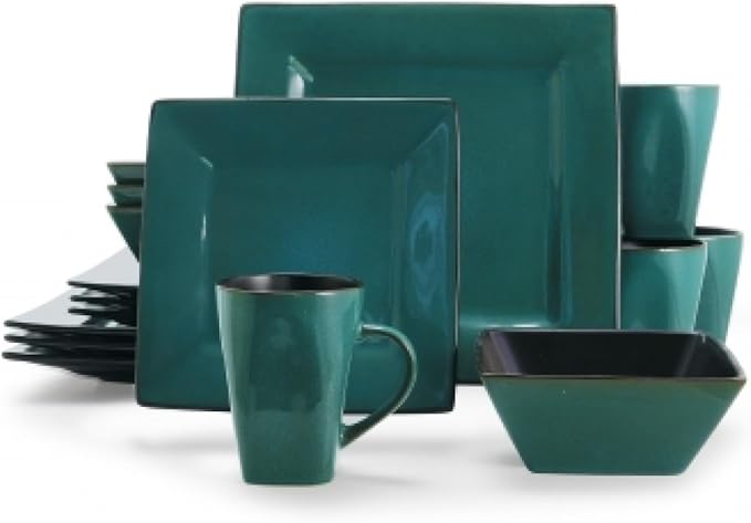 16-Piece Square Stoneware Dinnerware Set – Reactive Glaze Sea Green Dish Set Service for 4 Microwave &amp Dishwasher Safe