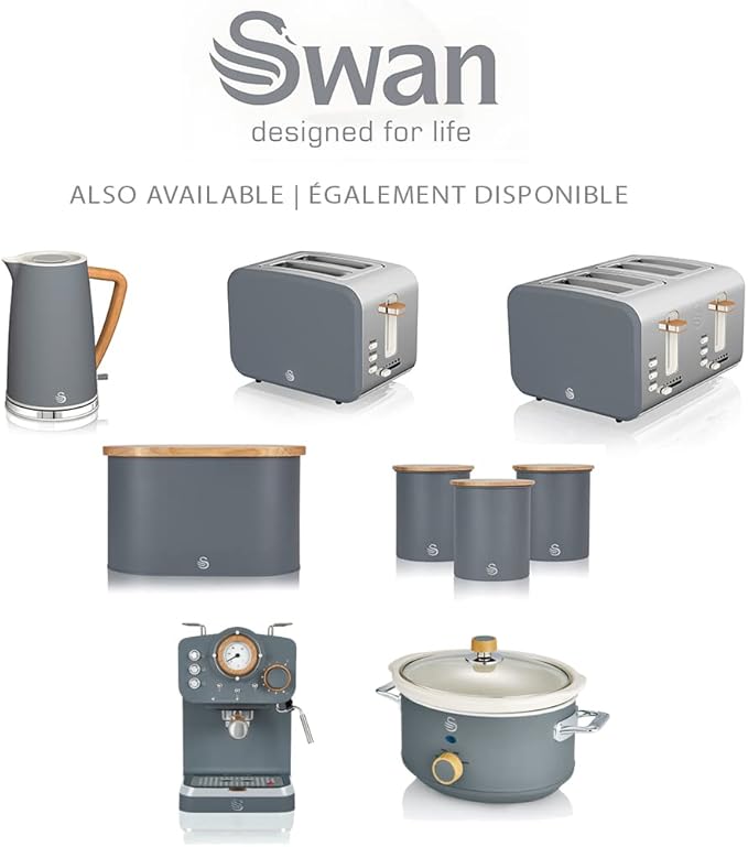 Swan Nordic Toaster 2 Slice with Extra Wide Slots for Bagels Waffles Breads Cancel Defrost and Bagel Function 6 Brown Settings Slate Grey (ST14610GRYN)