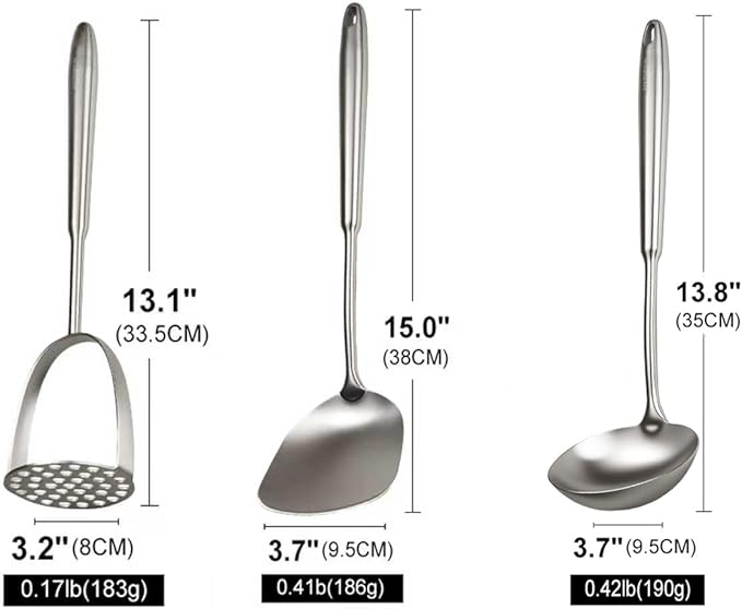 18/10 Stainless Steel Cooking Utensils Set 3 PCS Long Large Metal Cooking Utensil Tools Set Mirror Polished Kitchen Gadget Cookware and Kitchen Tool Set Dishwasher Safe