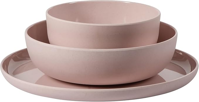 12 Piece Wheat Straw Melamine Dinnerware Set – Lightweight Plates and Bowls Service for 4 Durable &amp Dishwasher Safe Pink