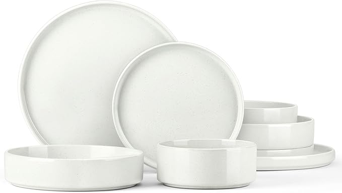 Stoneware Dinnerware Sets for 2 Onader Speckled Plates and Bowls 8 Pieces Ceramic Dish Dinner Set with Pasta Bowl Microwave &amp Dishwasher Safe - Cloud White