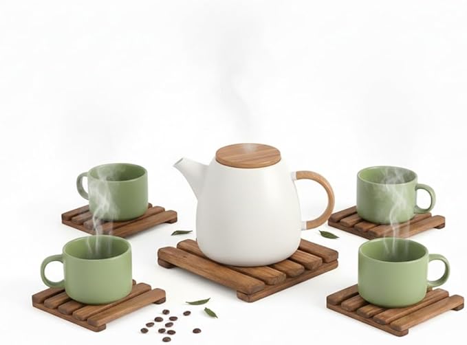 LO-MAS Premium Handmade Wooden Trivet Set (1-15x15 4-5x5) – Heat Resistant Hot Pad for Kitchen Table and Counter Protector Wooden Coaster for Hot Pots Pans Bowls Tea Coffee