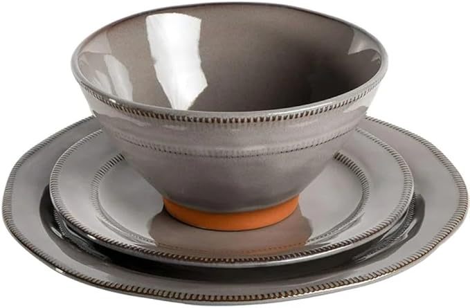 12-Piece Terracotta &amp Stoneware Dinnerware Set – Hand-Painted Artisanal Plates &amp Bowls Reactive Glaze Finish Dishwasher &amp Microwave Safe (Gray)
