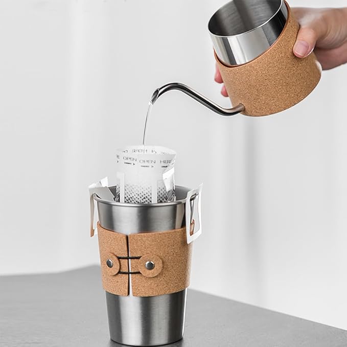 Pour Over Coffee Maker Set for Outdoor Camping Travel ALL in 1 Portable Stainless Steel Coffee Kits with Manual Coffee Grinder Gooseneck Kettle Cup Bean Pot