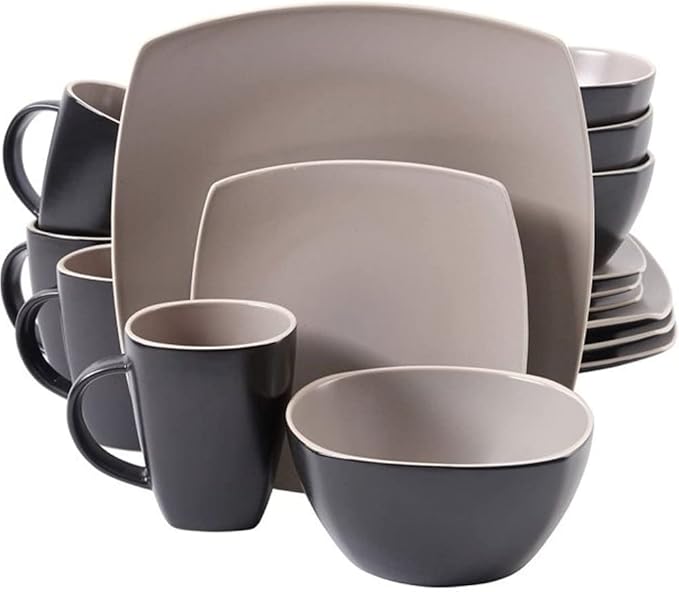 Durable 16 Piece Elegant Square Shape Stoneware Dinnerware Set For 4Soft Matte Glaze Finish | Dishwasher Microwave Oven Safe Stackable | Matte Taupe Color Stylish Modern Appearance Sleek Design