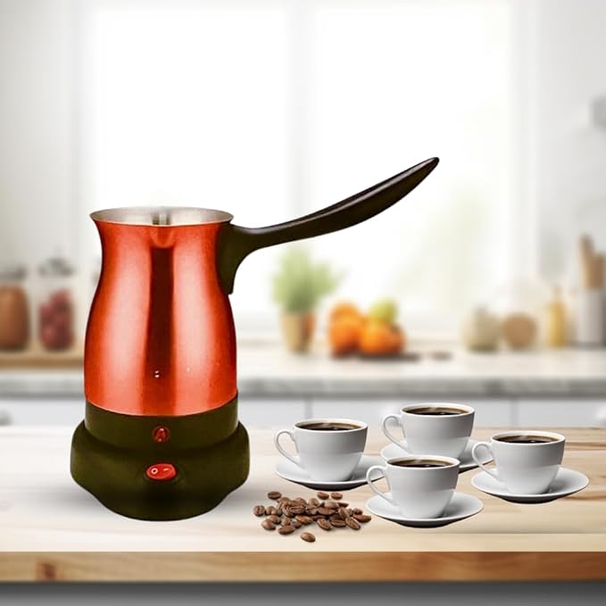 Electric Turkish Coffee Maker Kettle Pot Stainless Steel Cool Touch Handle Travel Size Fast Boil &amp Keeps Water Boiling for Arabic &amp Greek Coffee Tea 0.3L (RED)