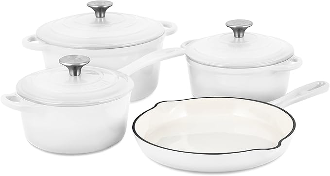 Basque Enameled Cast Iron Cookware Set (Blanc White) 7-Piece Set Nonstick Oversized Handles Oven Safe 10.25 Skillet 2QT Saucepan 2.25QT Small Dutch Oven 4.75QT Large Dutch Oven