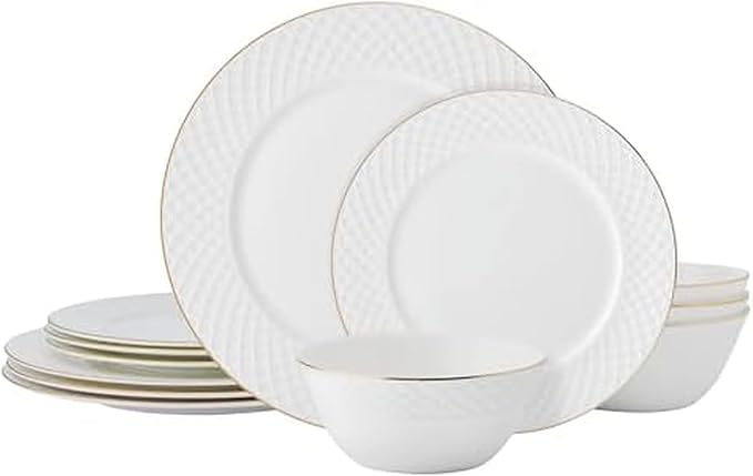 Mikasa Trellis Gold Rim Bone China Lightweight Chip Resistant 12 Piece Dinnerware Set Service for 4