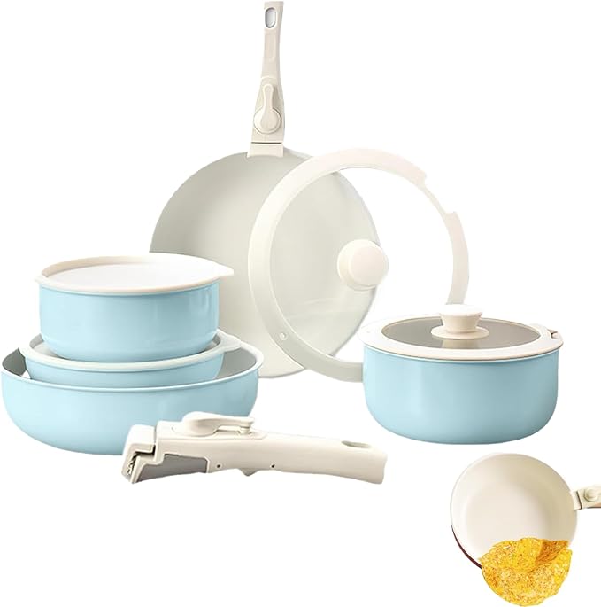 Cookware Set Non-stick ceramic cookware set Non-toxic induction cooktop with Removable HandlesEasy to clean suitable for kitchen sets RV cooking equipment (Blue5 pcs)