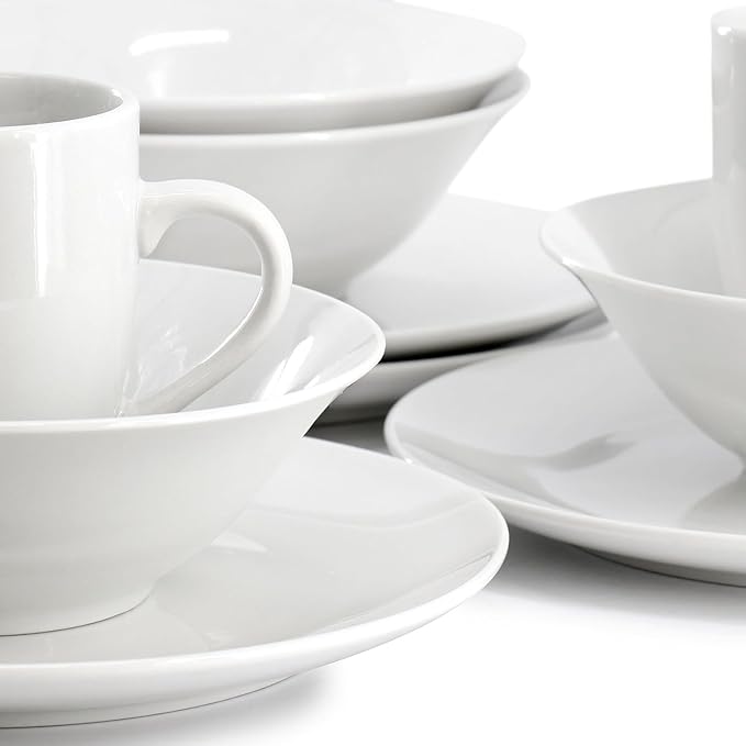 12-Piece Fine Ceramic Dinnerware Set in White – Dishwasher Microwave &amp Oven Safe Plates for Four