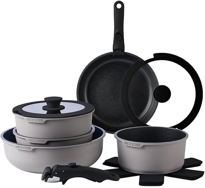 Pots and Pans Set Healthy Safe Ceramic Nonstick Kitchen Cookware with Soft Touch Removable Handle CookwareCream DiamondOne-Grey Black-One