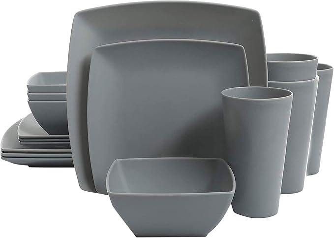 Gibson 99897.16R Home Soho Grayson Square Melamine Everyday 16 Pc Reactive Glaze Dinnerware Set Plates Bowls &amp Cups Dishwasher Safe Grey (4 Pack)