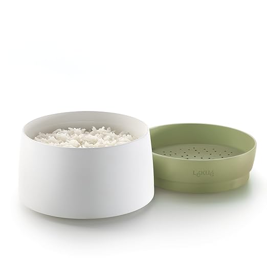 Lékué Microwave Rice Grain &amp Quinoa Cooker Set | 4.2 Cups | Non-Electric Pot for Making Cereals Rice or Grains at Home | All in One Set - Cook Drain &amp Serve with 1 Pot | Dishwasher Safe