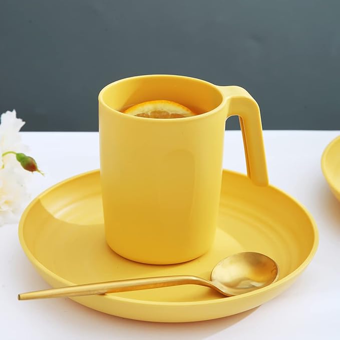 Kyraton Plastic Dinnerware Set of 16 Pieces Unbreakable And Reusable Light Weight Plates Mugs Bowls Dishes Easy to Carry And Clean Microwave Safe BPA Free Dishwasher Safe Service For 4 (Gold Yellow)