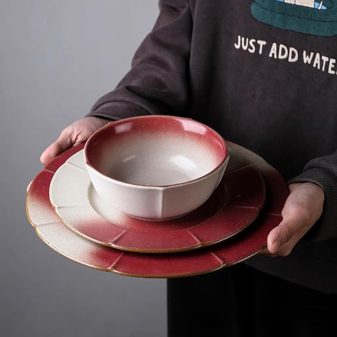 Ceramic Dinnerware Sets for 4 12 Pieces Dishes Set for Kitchen Porcelain Floral Plates and Bowls Set Microwave and Dishwasher Safe Scratch Resistant Underglaze painting (Gradient Red)