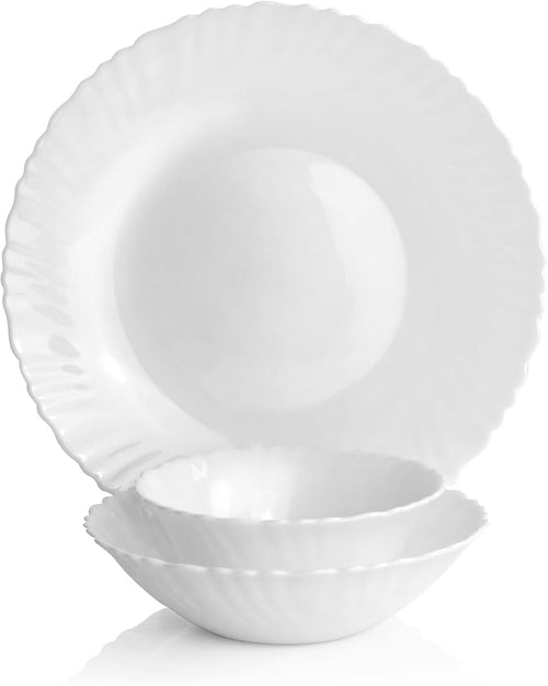 12 Piece White Opal Glass Dinnerware Set – Break-Resistant Plates and Bowls Chip Resistant Service for 4 Dishwasher &amp Microwave Safe