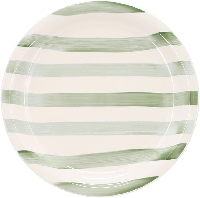 12 Piece Stoneware Dinnerware Set Rustic Handpainted Stripe Plates and Bowls Service for 4 Microwave and Dishwasher Safe (Green Stripe)