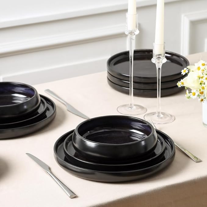 Stone Lain Lagoon 24-Piece Dinnerware Set Stoneware Plates and Bowls set Microwave and Dishwasher Safe Dish Set for 8 Black