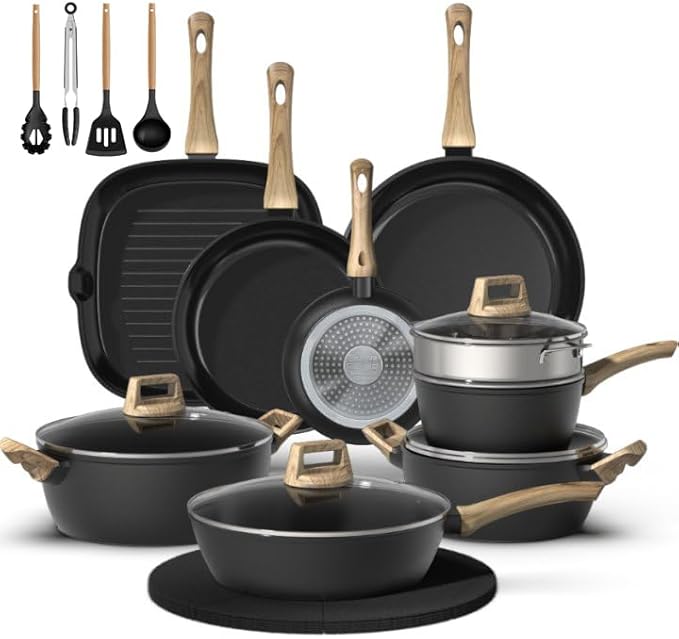 23-Piece Pots and Pans Set Non StickTitanium Ceramic Cookware Set Non ToxicLong-LastingPFAS FreeInduction CompatibleComplete Kitchen Set with 3 Frying Pans for All Cooking needs
