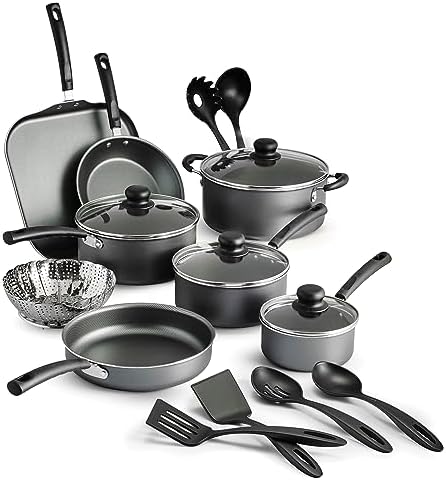 18-Piece Non-Stick Cookware Set Steel Gray Multiple Pots &amp Utensils Included Universal Stove Compatibility Dishwasher Safe