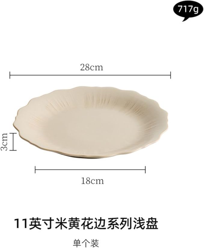 Thcbme 米黄花边盘子菜盘家用高级感德化窑变陶瓷餐具深汤盘浅盘大号/Ceramic Dinnerware SetsPlates and Bowls/11英寸米黄花形线条浅盘