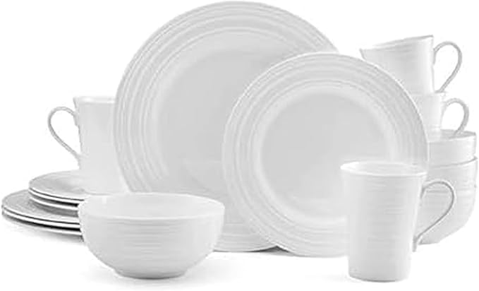 Mikasa Ciara 16 Piece Bone China Dinnerware Set Service for 4 Lightweight and Durable Plates Bowls and Mugs Elegant White Dinnerware for Everyday Use