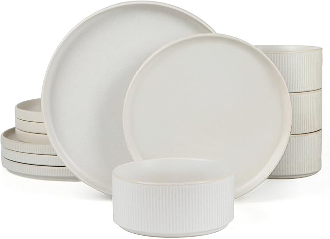 Famiware Dinnerware Set for 4 (12 Piece) and 12oz Mug Set (6 Piece) and 3oz Espresso Cups and Saucers Set- Star Stoneware Dishes - Matte White