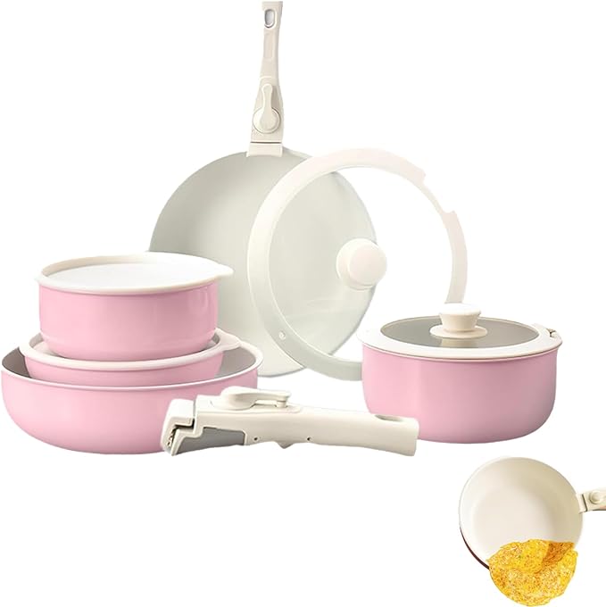 Cookware Set Non-stick ceramic cookware set Non-toxic induction cooktop with Removable HandlesEasy to clean suitable for kitchen sets RV cooking equipment (pink20 pcs)