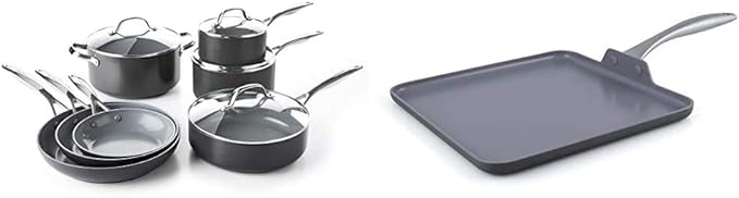 GreenPan Valencia Pro 100% Toxin-Free Healthy Ceramic Nonstick Metal Utensil Dishwasher/Oven Safe Cookware Set 11-Piece Gray &amp Lima 11 Ceramic Non-Stick Square Griddle Grey - CW000190-002